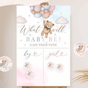 Graphique bleu rose pour garçon ou fille Quel sera le sexe de bébé - Ours en peluche - Révélation du sexe : Votez Devinez le sexe Signe imprimable Téléchargement immédiat 05V10