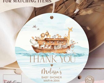 May include: A round baby shower thank you tag featuring an illustration of Noah's Ark with various animals. The tag includes the text "THANK YOU", "Melissa's BABY SHOWER MAR.14.20XX", and "SEARCH: 14V3 FOR MATCHING ITEMS".