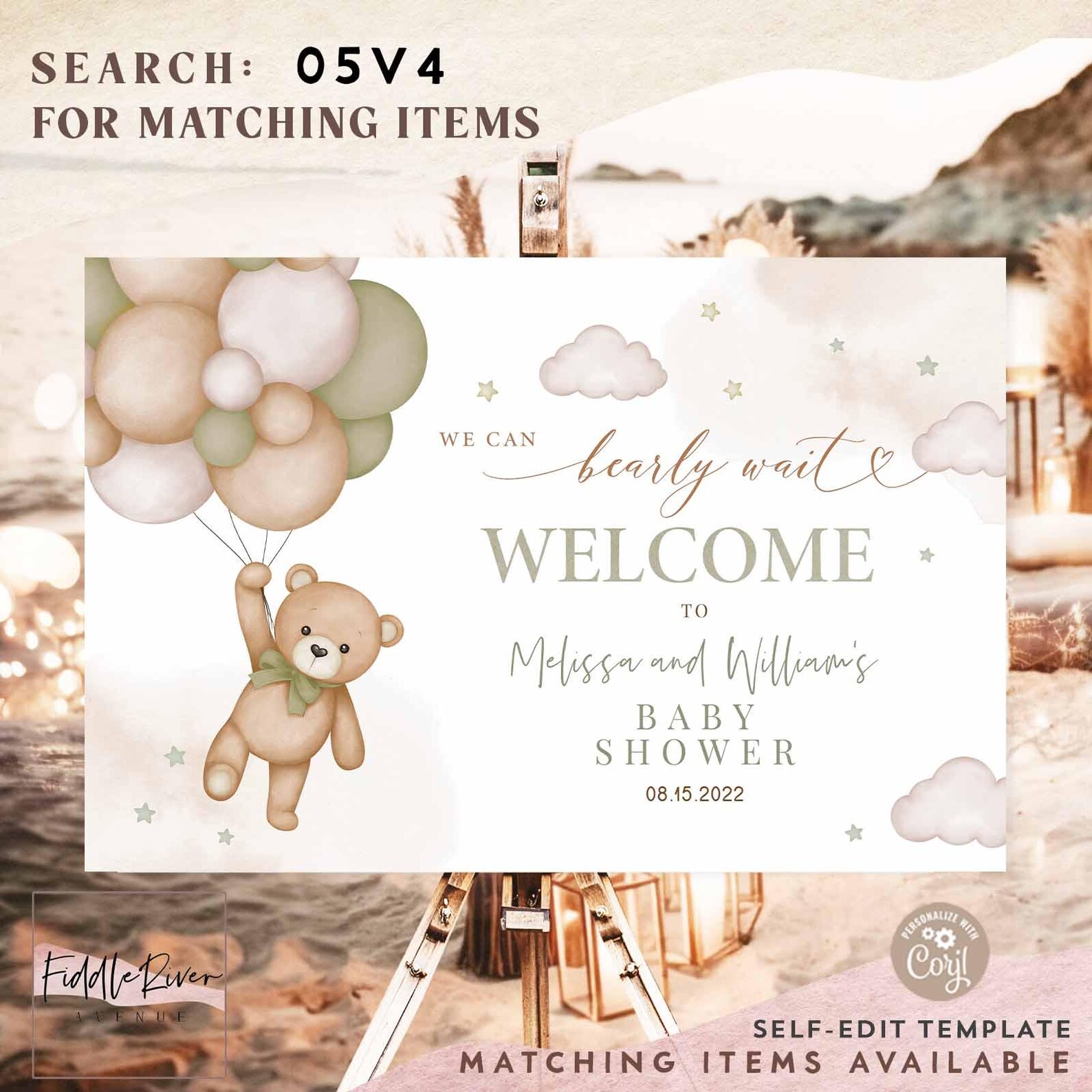 Editable Sage Green Gender Neutral Teddy Bear We Can Bearly Wait Baby ...