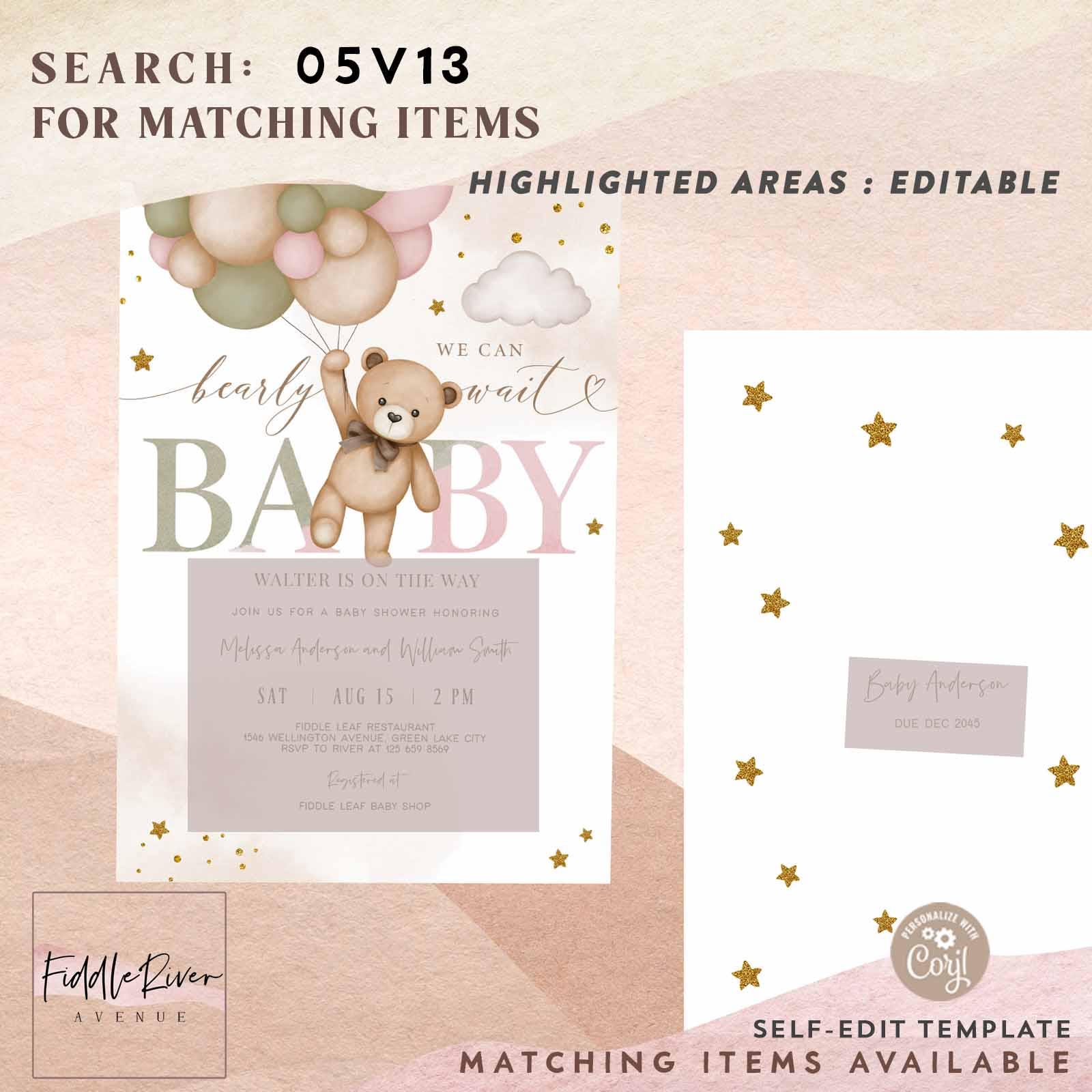 Editable Gold Pink Sage Green Boy Girl Teddy Bear We Can Bearly Wait ...