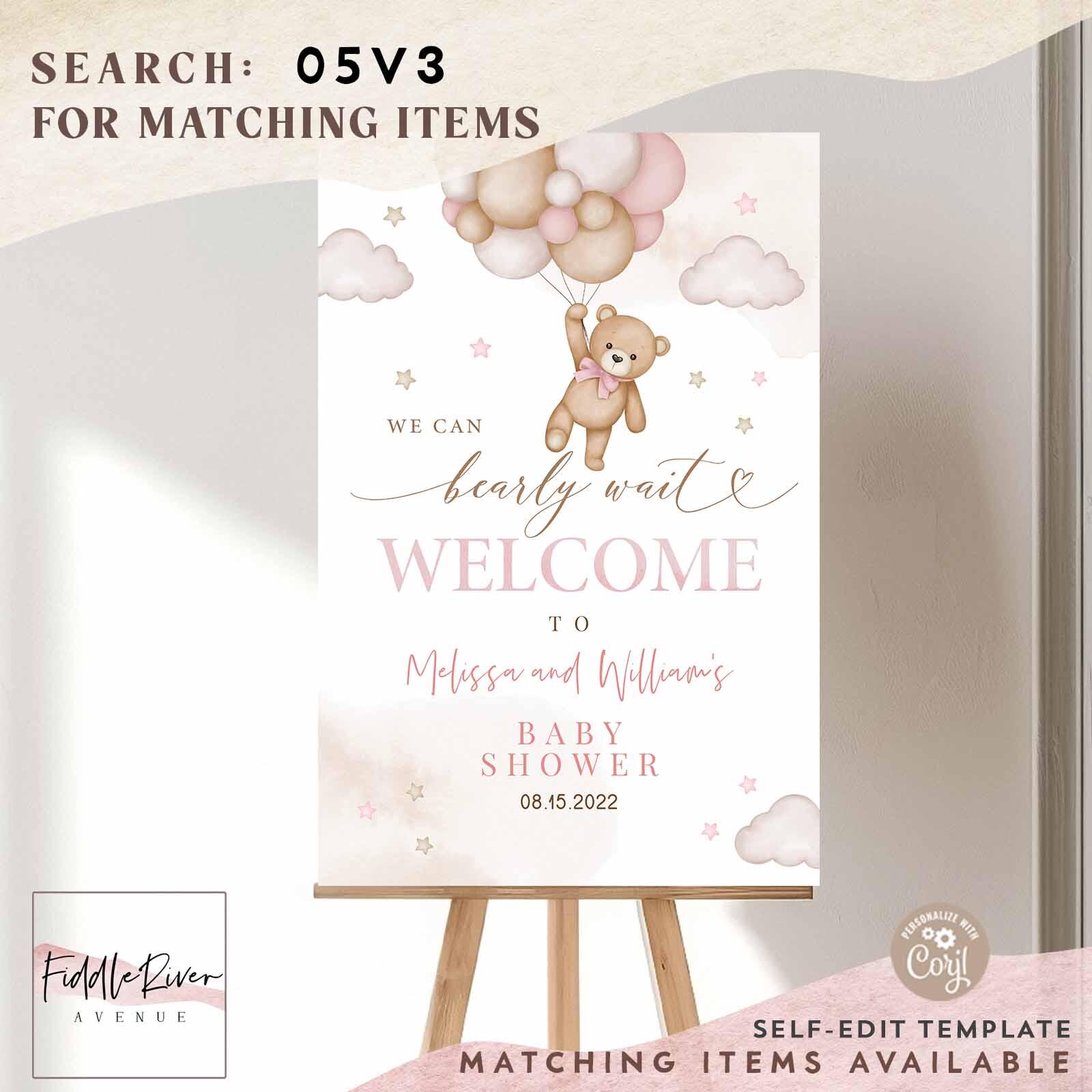Editable Pink Girl Teddy Bear We Can Bearly Wait Baby Shower Welcome ...