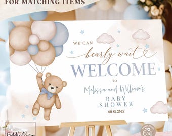 Editable Blue Boy Teddy Bear We Can Bearly Wait Baby Shower Welcome Sign Decor Decoration Printable Template Instant Download 05V2