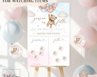 FRENCH Garçon ou Fille Chart What Will Baby Be He or She Gender Reveal Teddy Bear Guess The Gender Sign Printable Instant Download 05V10