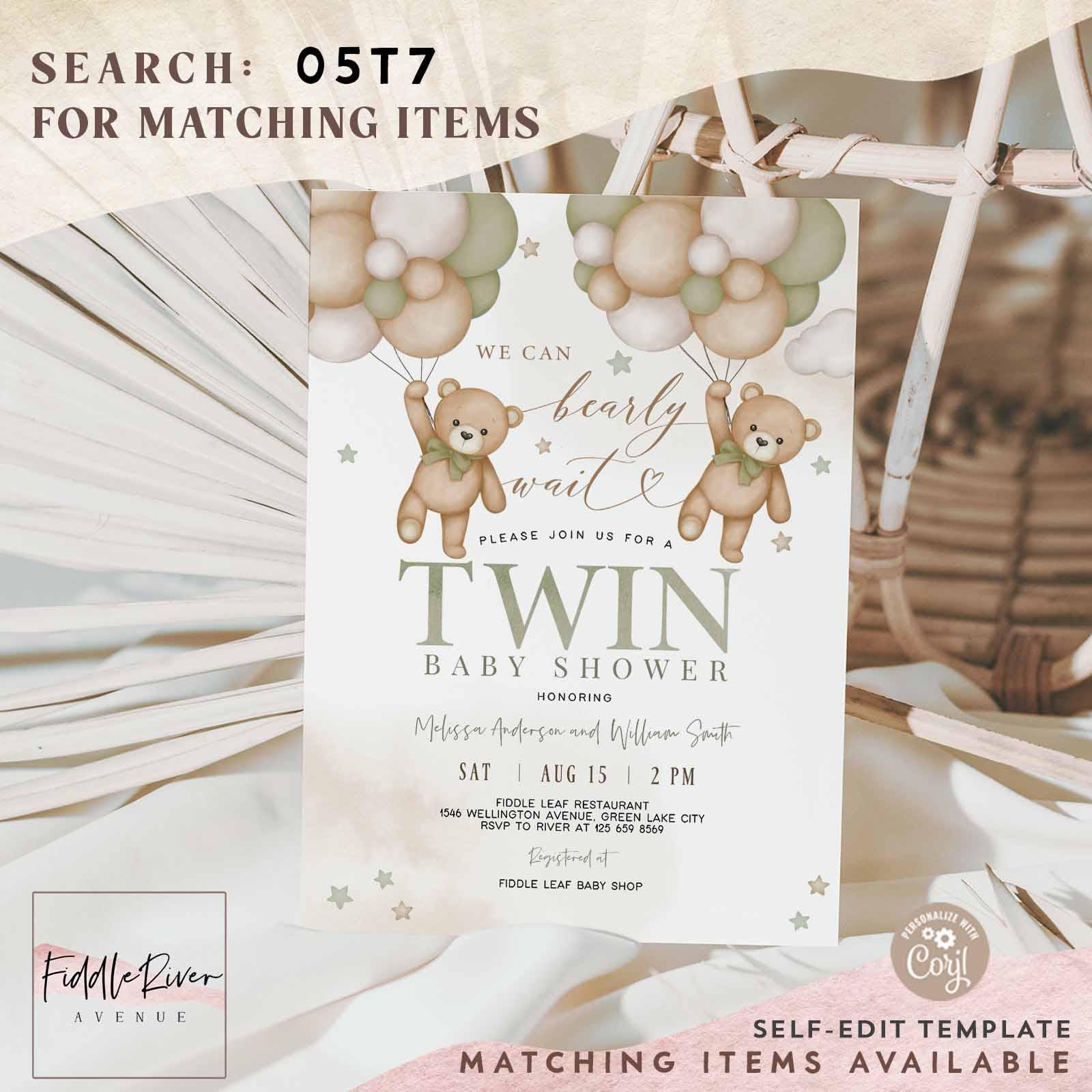 Editable Twin Sage Green Twins Twin Teddy Bear Balloon We Can Bearly Wait Invitation Baby Shower Twins Shower Sprinkle Invite Template 05T7