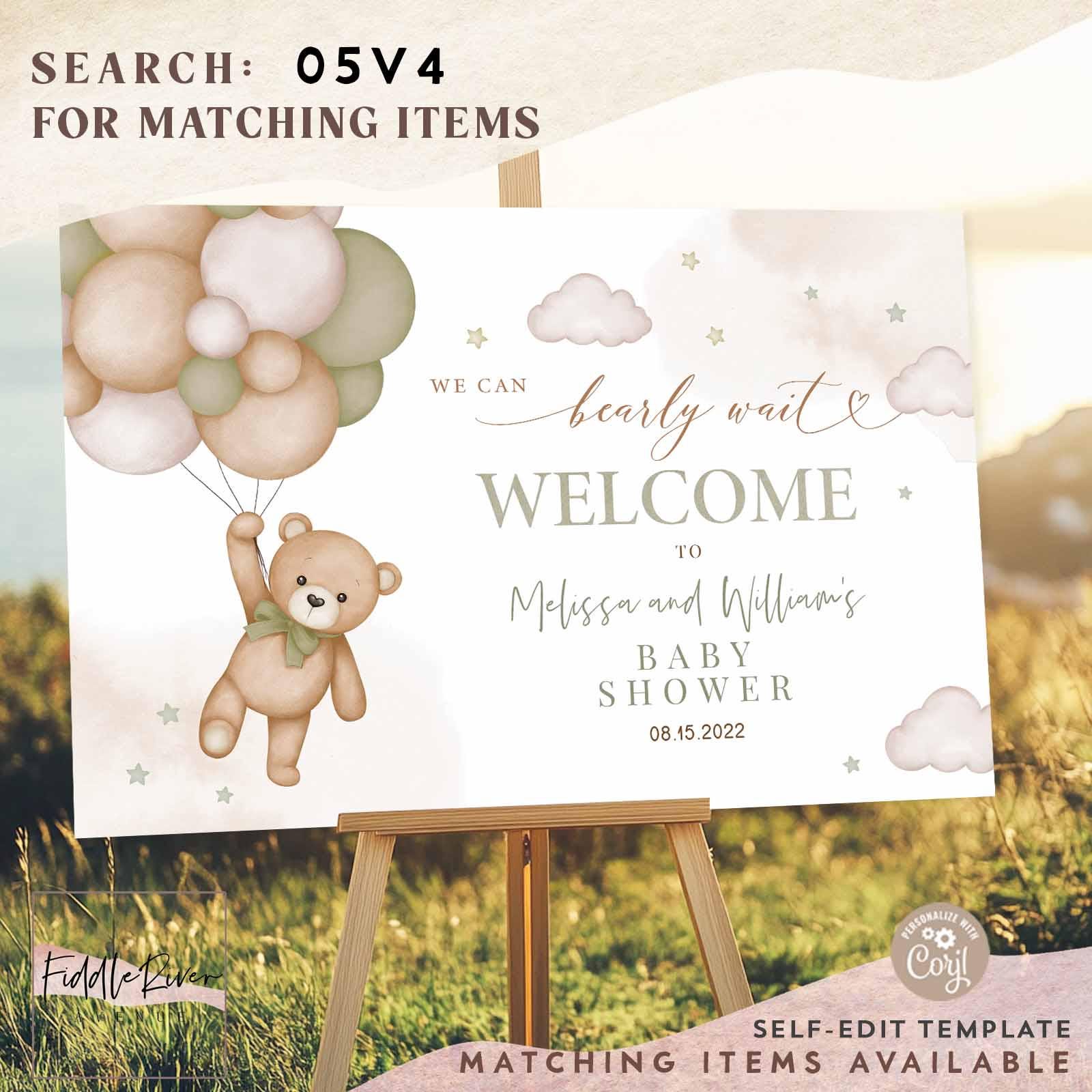 Editable Sage Green Gender Neutral Teddy Bear We Can Bearly Wait Baby ...