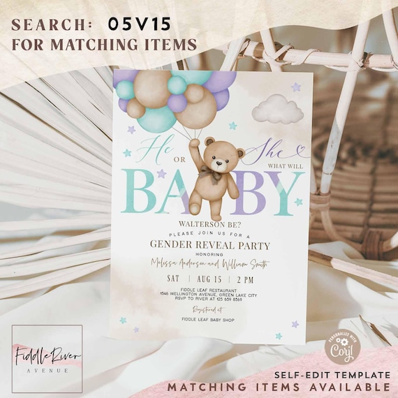 Editable Teal Turquoise Purple He or She Gender Reveal Teddy Bear