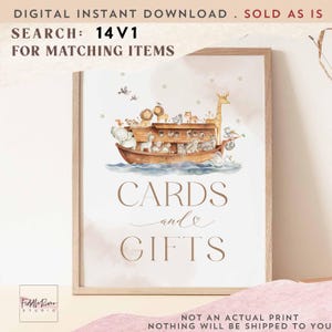 May include: A framed print with a watercolor illustration of Noah's Ark filled with animals. The words "CARDS and GIFTS" are displayed below the ark. The text "DIGITAL INSTANT DOWNLOAD" and "SEARCH: 14V1" are at the top.