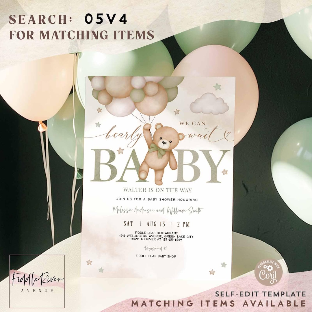 Editable Sage Green Gender Neutral Teddy Bear We Can Bearly Wait Baby ...