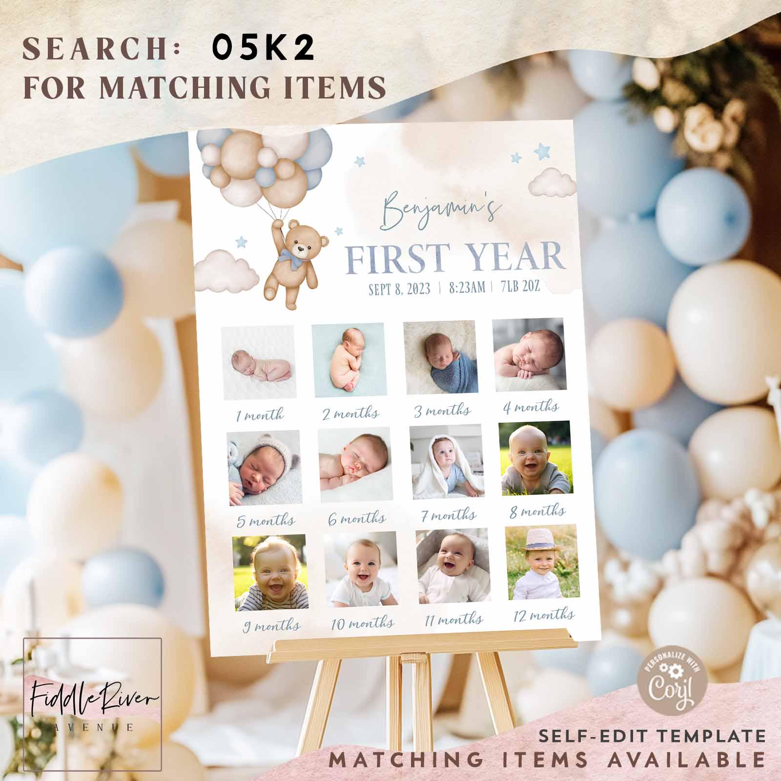 Editable Boy Blue Teddy Bear Birthday Milestone Poster First Year ...