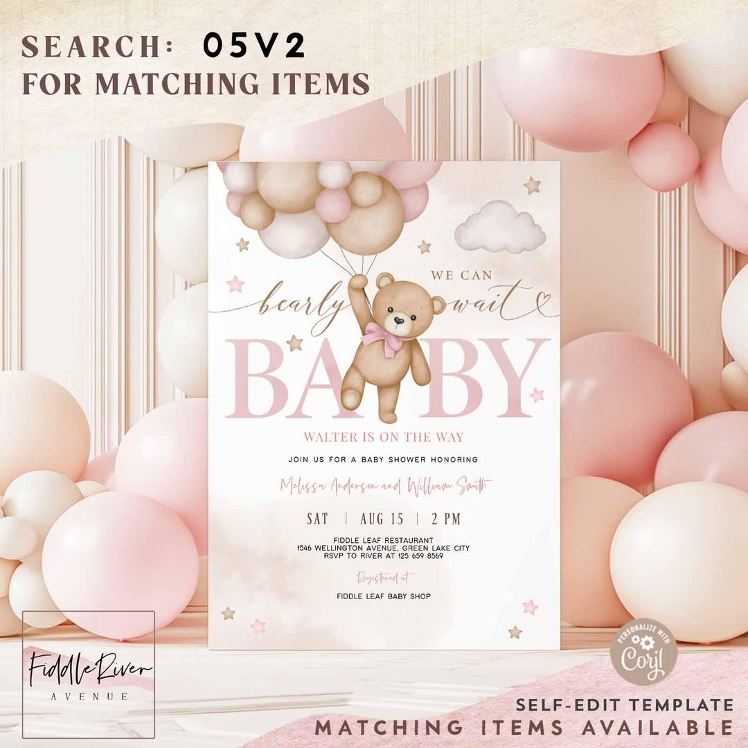 Editable Pink Girl Teddy Bear Balloon We Can Bearly Wait Baby Shower ...