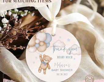 Editable Blue Boy Teddy Bear Thank You Round Tag Sticker Label Thank you Beary Much Baby Shower Sprinkle Template 05V2