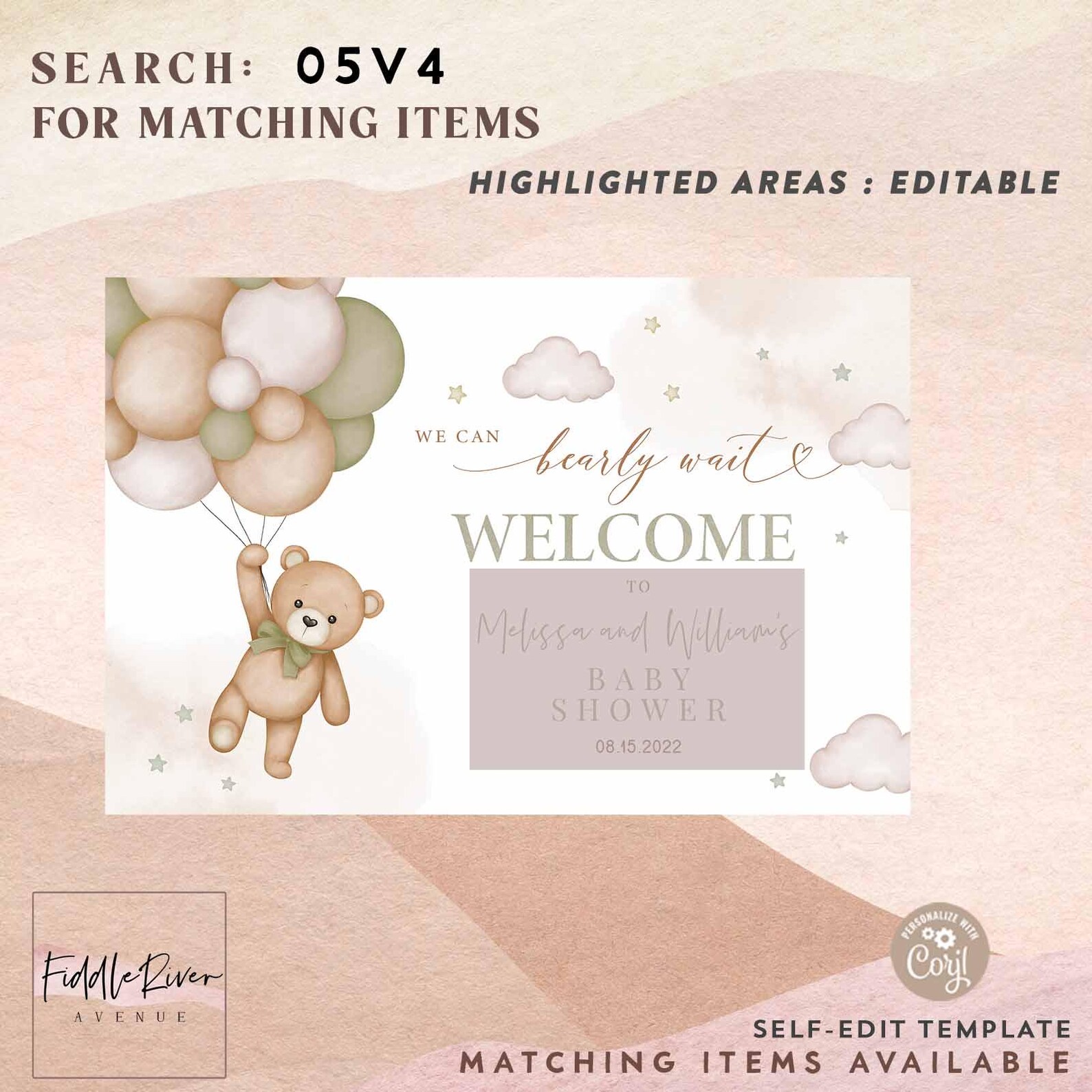 Editable Sage Green Gender Neutral Teddy Bear We Can Bearly Wait Baby ...