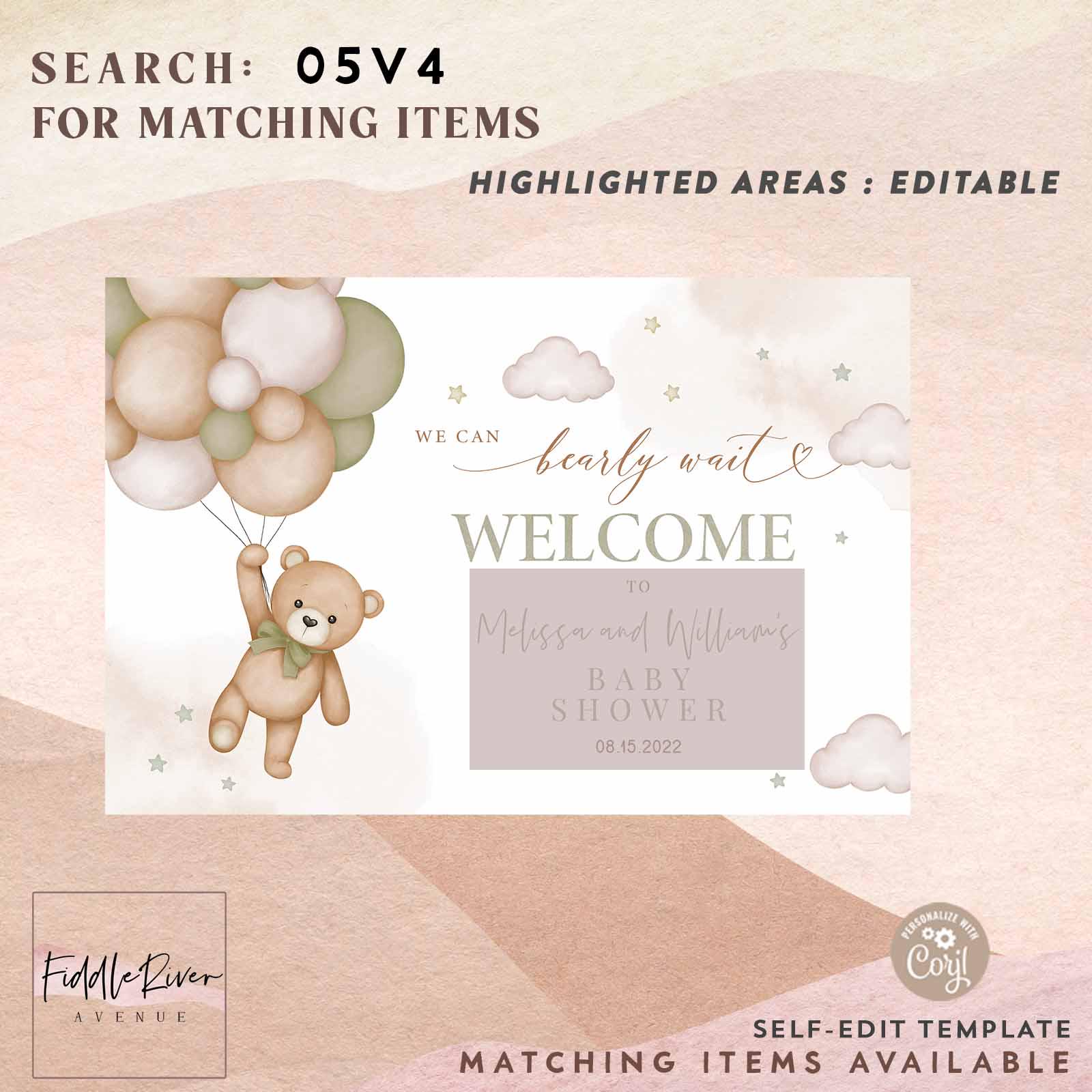 Editable Sage Green Gender Neutral Teddy Bear We Can Bearly Wait Baby ...
