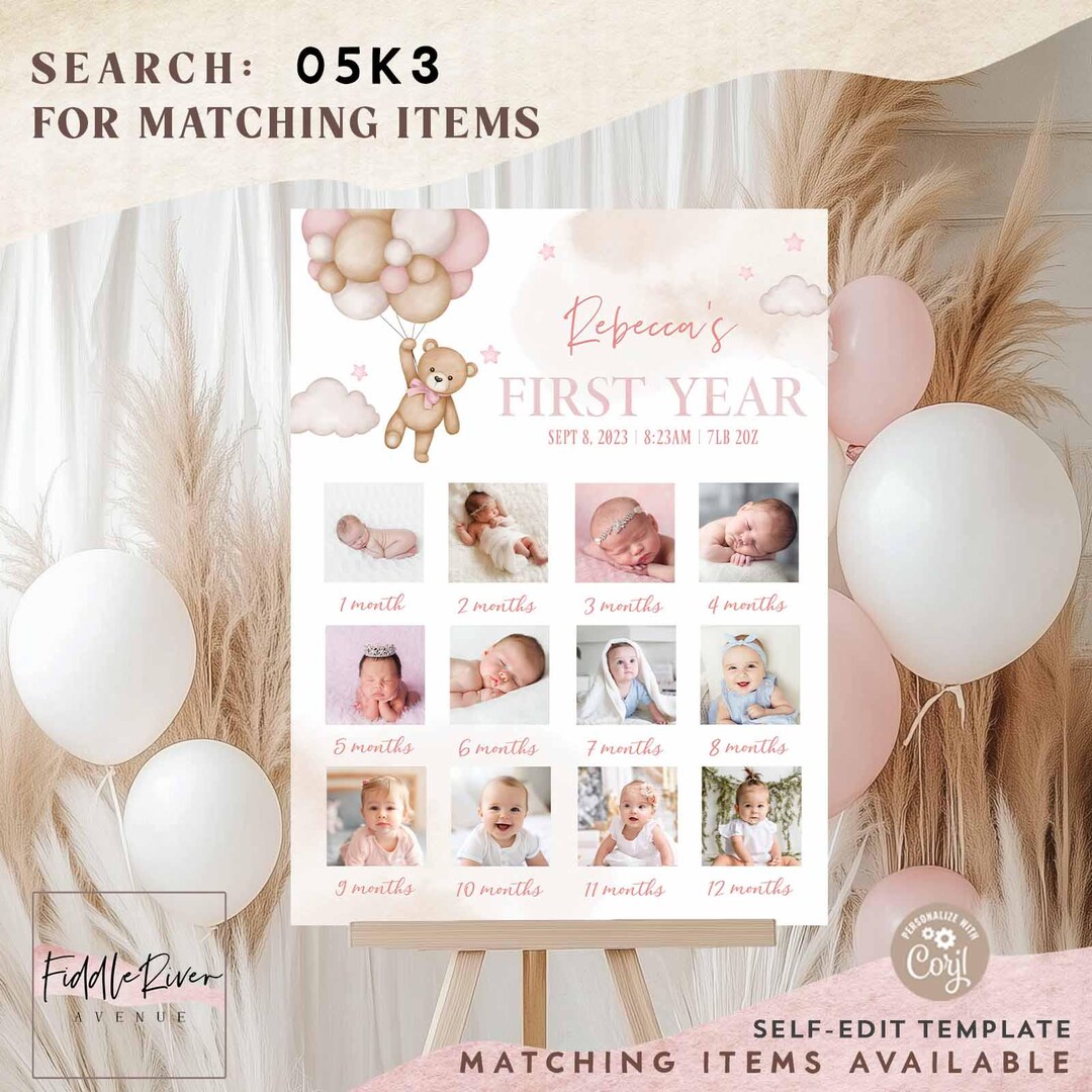 Editable Girl Pink Teddy Bear Birthday Milestone Poster First Year ...