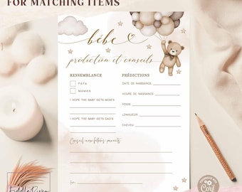 Editable FRENCH Gender Neutral Teddy Bear Baby Shower Bébe Prédiction et Conseils Card Bearly Wait Games Printable Instant Download 05V1