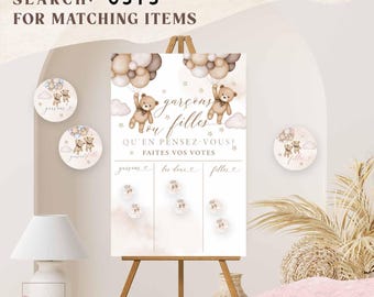 FRENCH Garçons ou Filles Twin What Will Baby Be He or She Gender Reveal Teddy Bear Guess The Gender Sign Printable Instant Download 05T5