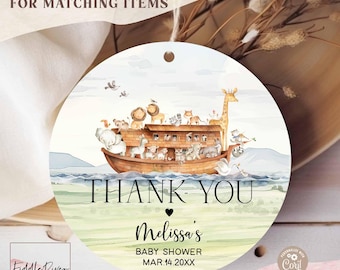 May include: A round baby shower thank you tag featuring an illustration of Noah's Ark with animals. The tag includes the text "THANK YOU" and "Melissa's BABY SHOWER MAR.14.20XX". The tag has a hole for hanging.