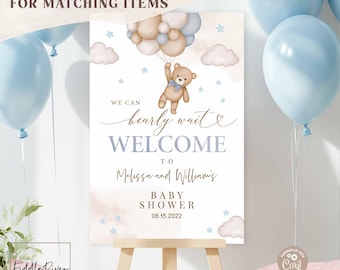 Editable Blue Boy Teddy Bear We Can Bearly Wait Baby Shower Welcome Sign Decor Decoration Printable Template Instant Download 05V2