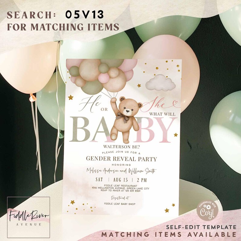 Editable Gold Pink Sage Green Boy Girl Teddy Bear We Can Bearly Wait He ...