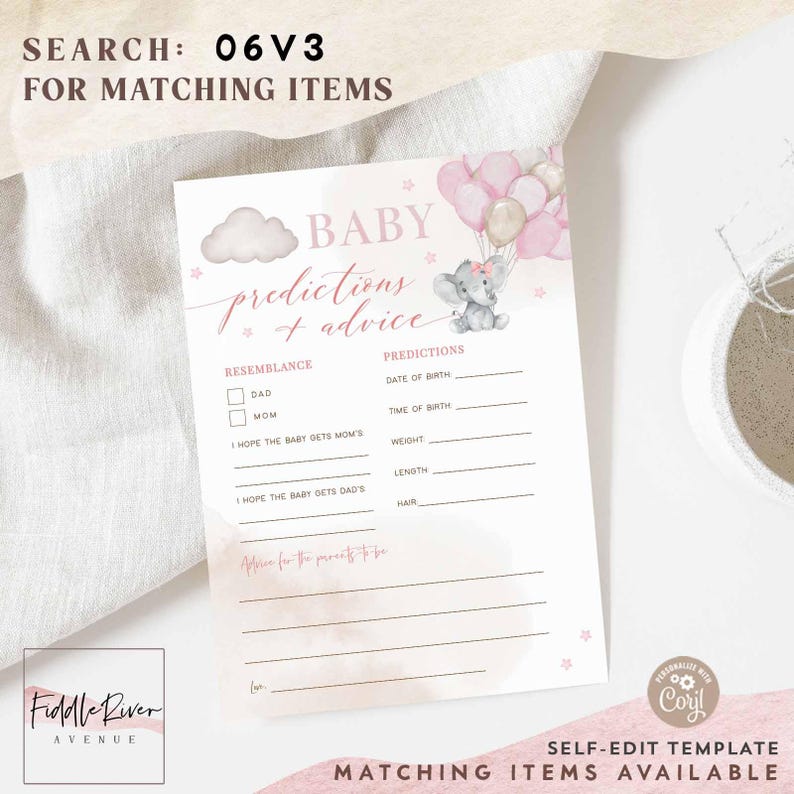 Editable Pink Girl Elephant Baby Shower A Little Peanut Baby Prediction ...