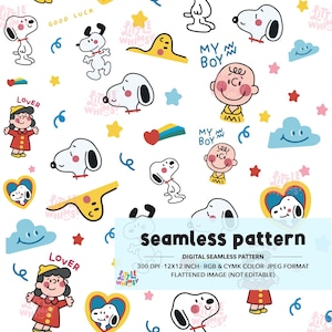 Cute Snoopy Seamless Pattern – Digital Download Magical Dog and Friends Seamless Pattern, Cartoon Seamless Design,Rgb and Cmyk files