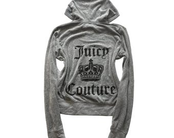 Juicy Couture Women's Gray Velour Zip-Up Hoodie Graphic Crown Logo Y2k Size M