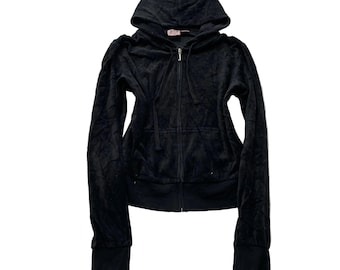 Juicy Couture Women's Black Velour Zip-Up Hoodie Drawstring Pockets Y2k Size XL