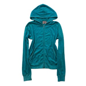 Felpa con cappuccio e zip intera in velluto blu acqua Juicy Couture, maniche lunghe, abbigliamento da casa, taglia L