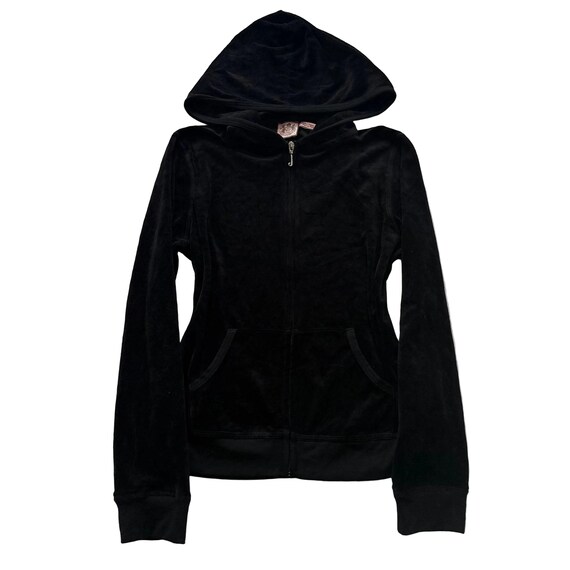 Vintage Juicy Couture Women Black Velour Zip-Up Hoodie Pockets Loungewear Size L