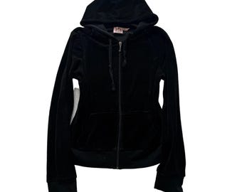 Sudadera con capucha y cremallera de terciopelo negro para mujer de Juicy Couture, estilo vintage, con bolsillos, estilo Y2K, talla L