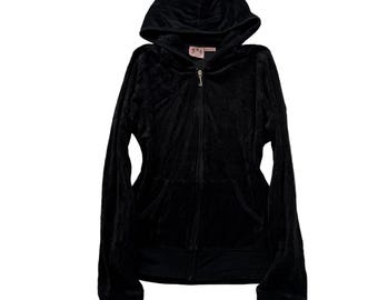 Vintage Juicy Couture gitzwarte velours dameshoodie met rits, zakken Y2K, maat L