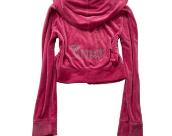 Sudadera corta con capucha y cremallera completa de terciopelo rosa de Juicy Couture para mujer, con logo de pedrería, talla L.