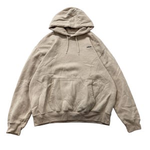 May include: A beige long-sleeve hooded sweatshirt featuring a drawstring hood, a front kangaroo pocket, and the word Hollister embroidered in small dark letters on the upper left chest area. The garment has ribbed cuffs and a ribbed hem.