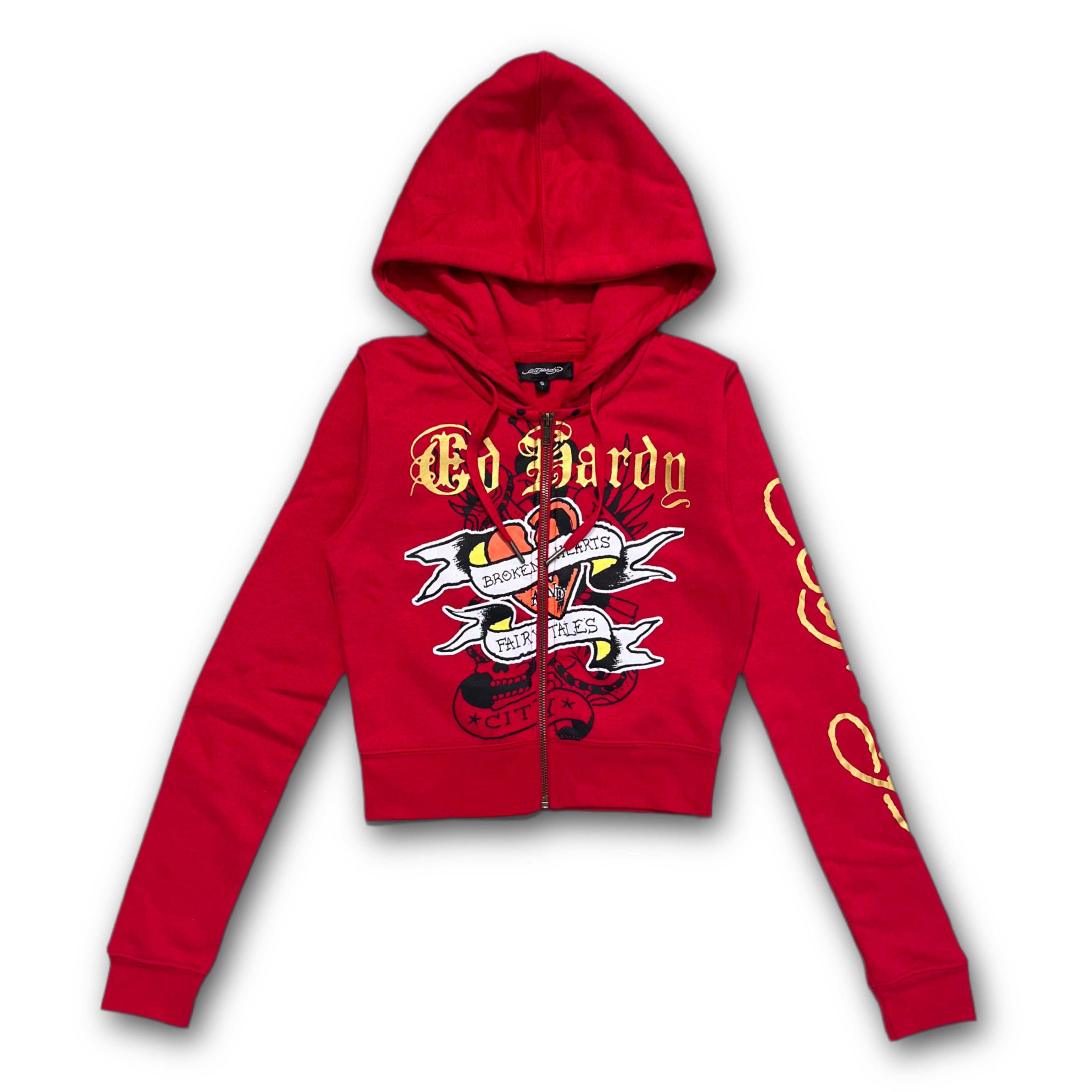y2k　ed hardy　red pepper　パーカー　平成　訳有　60223 Ed Hardy “broken Hearts” Red Cropped Zip up Hoodie - Etsy