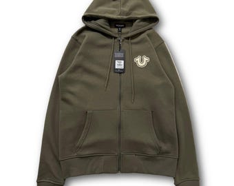 True Religion Buddha Puff Print Olive Zip Up Hoodie