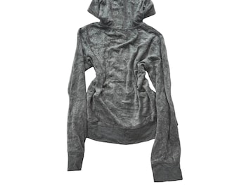 Felpa con cappuccio e zip da donna Juicy Couture in velluto grigio, con coulisse e tasche, taglia L.