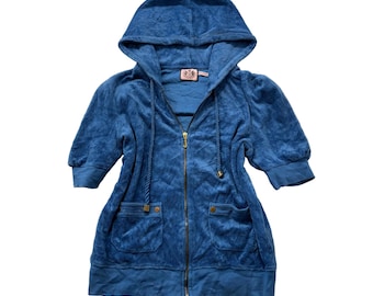 Sudadera con capucha y cremallera de manga corta en tejido de rizo azul para mujer, estilo vintage de Juicy Couture, talla L.