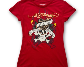 Camiseta de bebé Ed Hardy "Lks Leopard" en color rojo cereza con mangas cortas