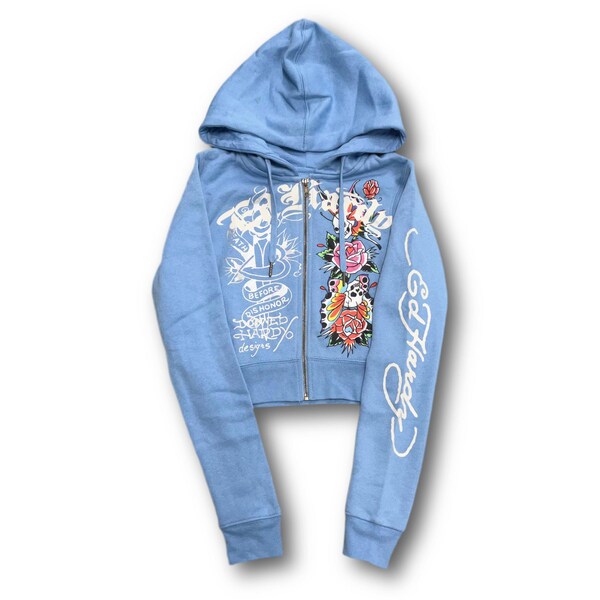 Ed Hardy “Flower Skulls” Kapuzenpullover in Baby Blau