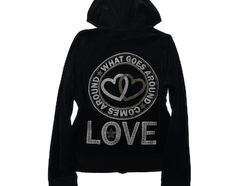 Juicy Couture What Goes Around Women's Black Velour Hoodie Glitter Print Size L