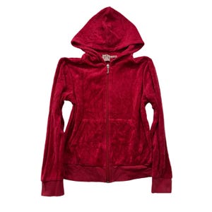 Sudadera con capucha y cremallera de terciopelo rojo rubí vintage de Juicy Couture para mujer, estilo años 2000, talla S.