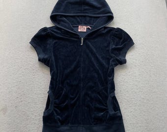 Juicy Couture Women's Navy Blue Velour Zip-Up Hoodie Short Sleeve Pockets Size M