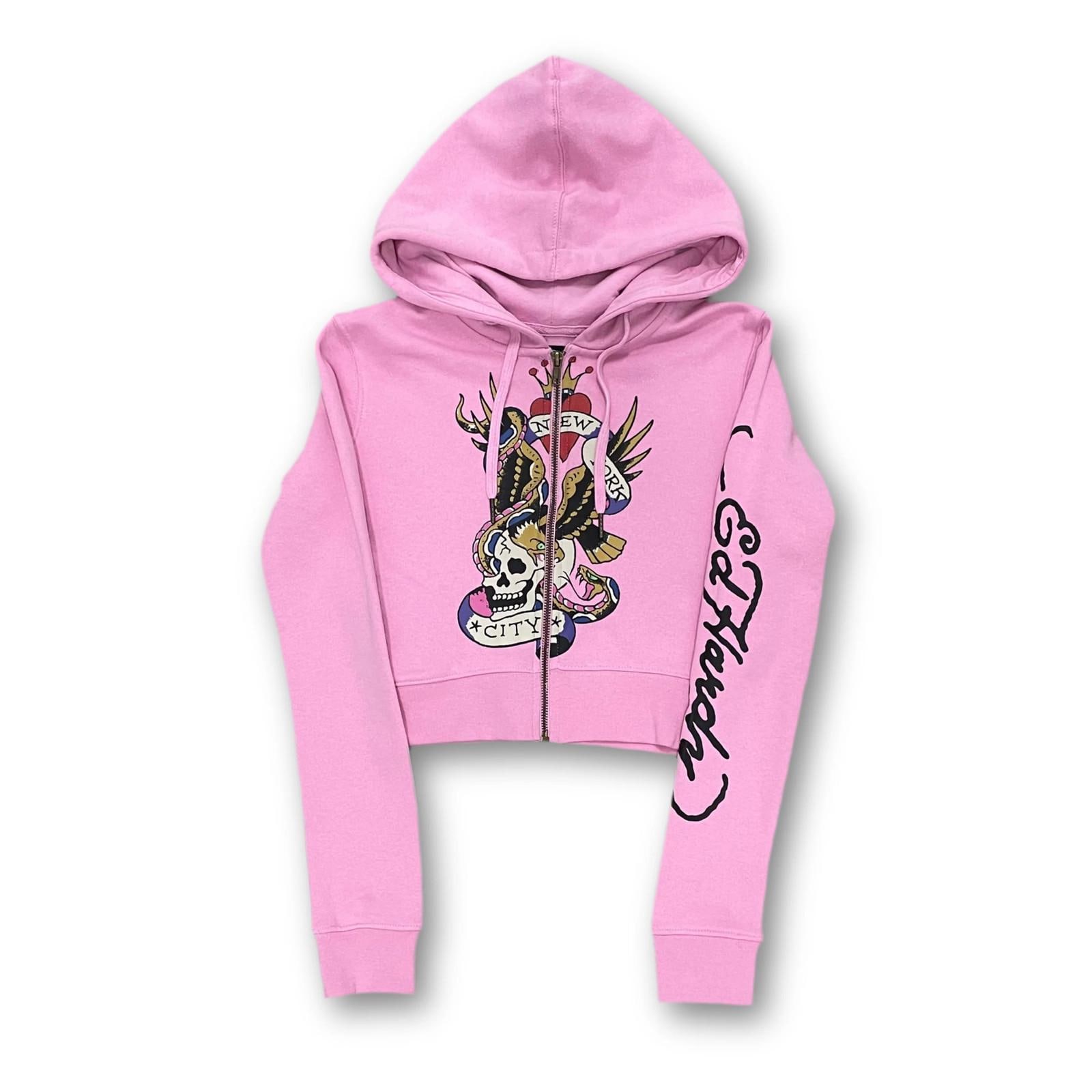 エドハーディ　ジップアップパーカー　ピンク エド・ハーディー「フライング・スカル」ピンク クロップド ジップ