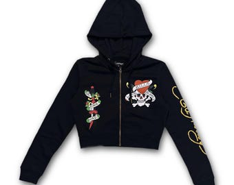 Sudadera negra corta con cremallera y estampado "Lks Skull" de Ed Hardy