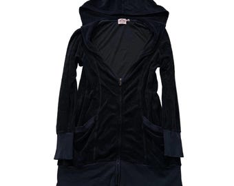 ヴィンテージ Juicy Couture レディース ブラック テリークロス ジップアップ ロング フーディー ポケット付き サイズ L