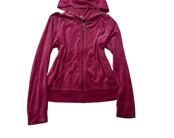 Sudadera con capucha y cremallera de terciopelo rosa oscuro para mujer de Juicy Couture, con bolsillos, estilo casual Y2K, talla M.
