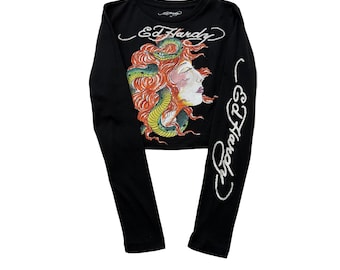 Ed Hardy “Snake Girl” Black Long Sleeve Cropped Baby Tee