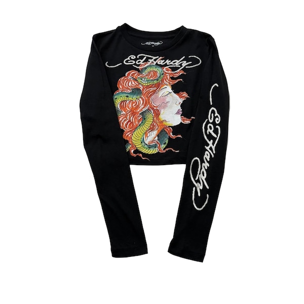 Ed Hardy „Snake Girl“ Schwarzes Langarm-Crop-Top für Babys
