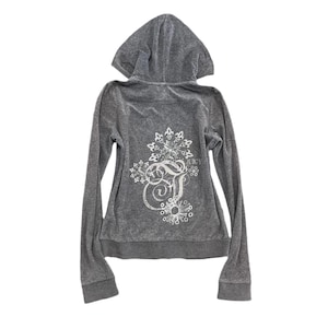 Vintage Juicy Couture Back Design grey velour zip up hoodie size 12