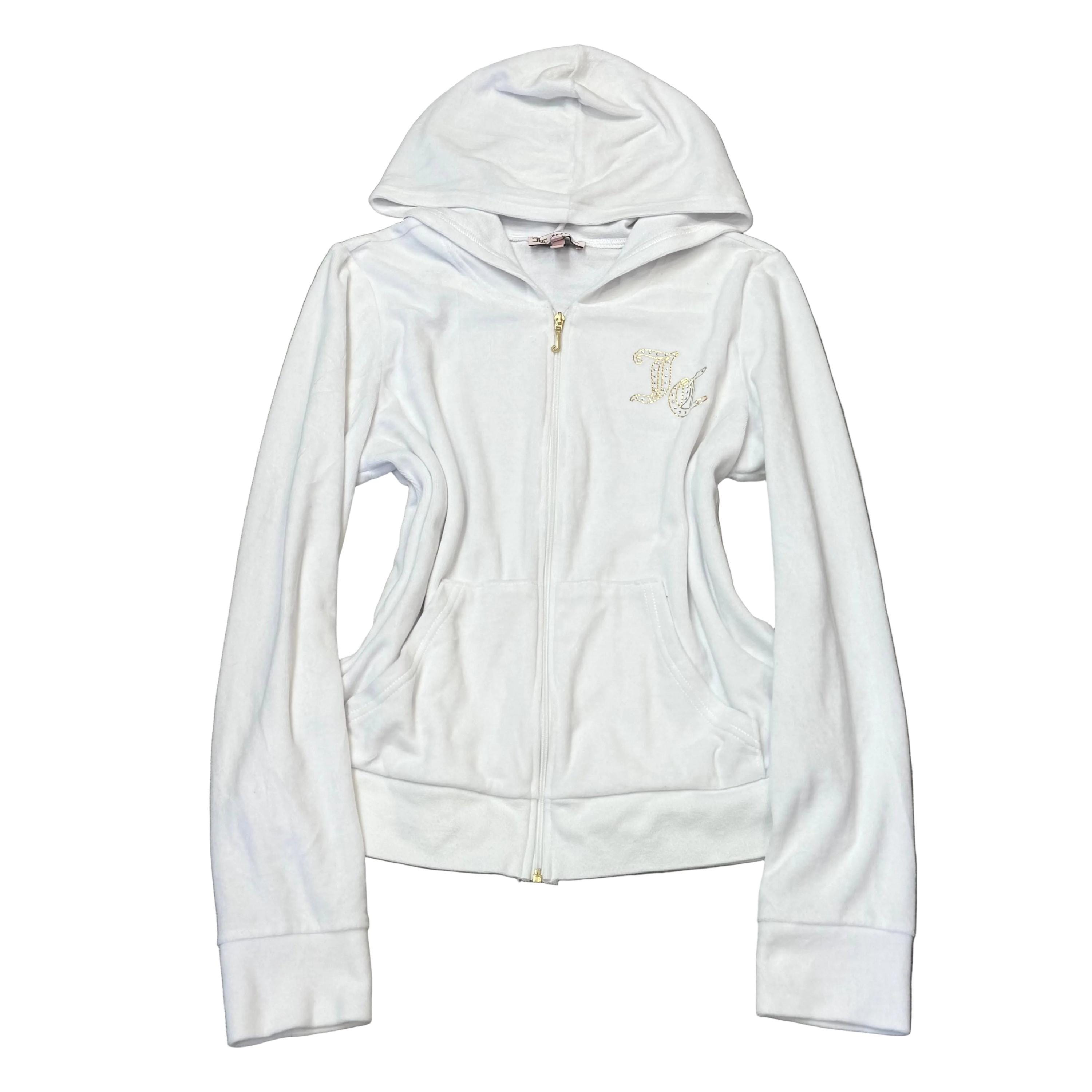 Juicy Couture Women's White Velour Zip-Up Hoodie Pockets Rhinestone Logo Size L
